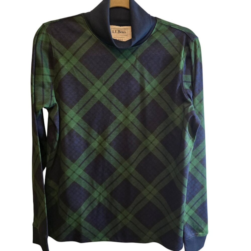 L.L.BEAN MOCK COTTON TURTLENECK BLUE GREEN PLAID SIZE MEDIUM REGULAR NWOT
